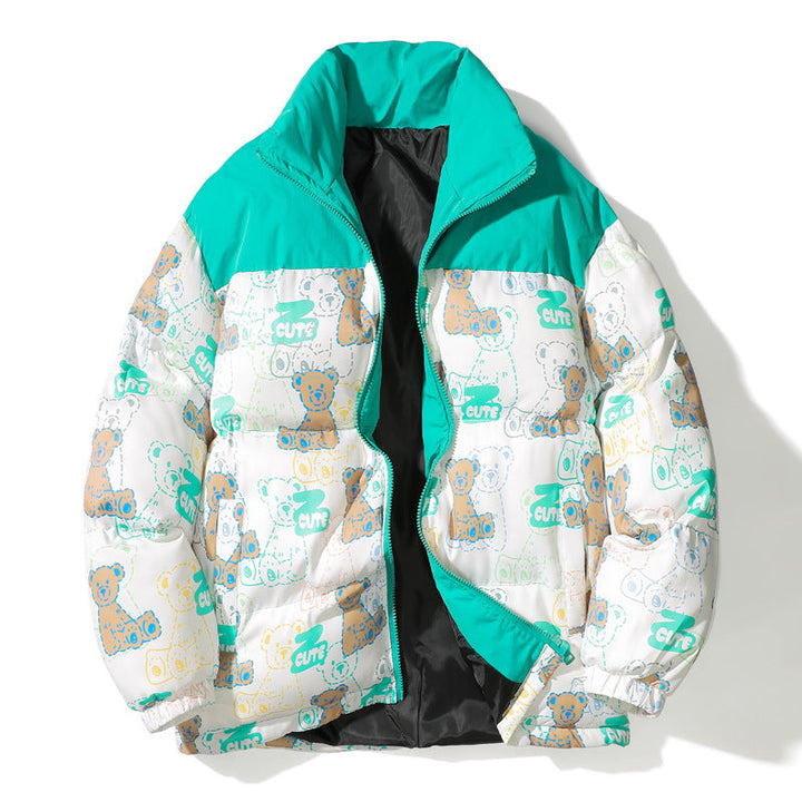 Unisex Quilted Teddy-Print Puffer Jacket with High Collar
