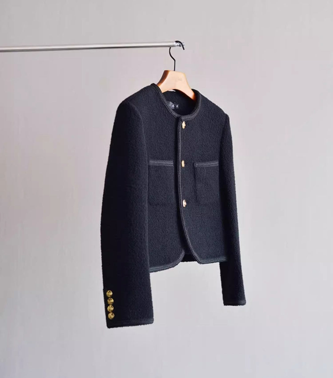 Women Fashionable Bouclé Jacket with Golden Buttons