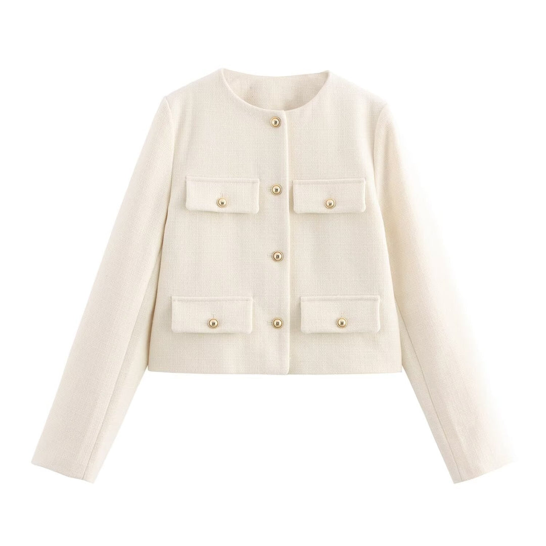 Women Short Boucle Blazer Jacket with Round Neck, Decorative Pocket Flaps, and Gold-colored Buttons