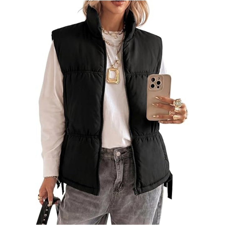 Women’s Padded Sleeveless Vest with Stand-Up Collar and Drawstring