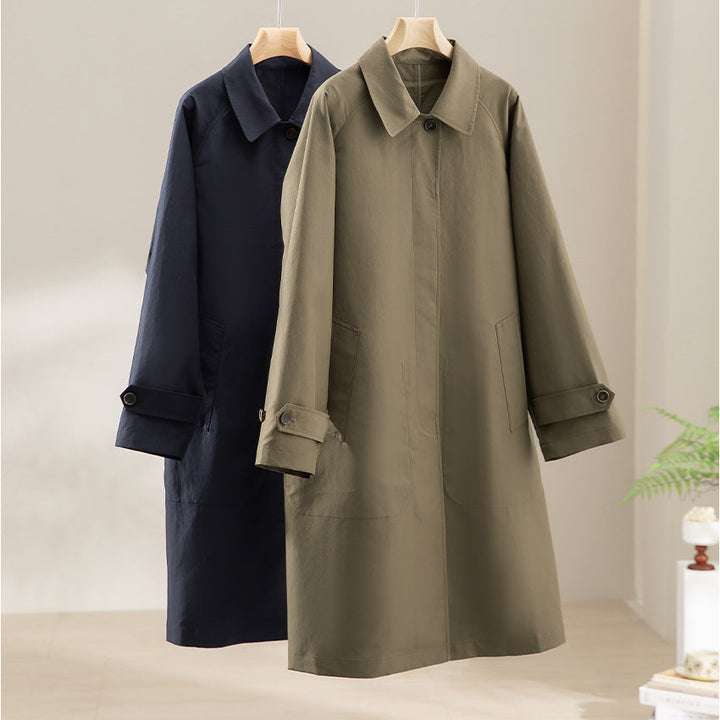 Women Mid-Length Trench Coat with concealed snap placket and adjustable cuffs