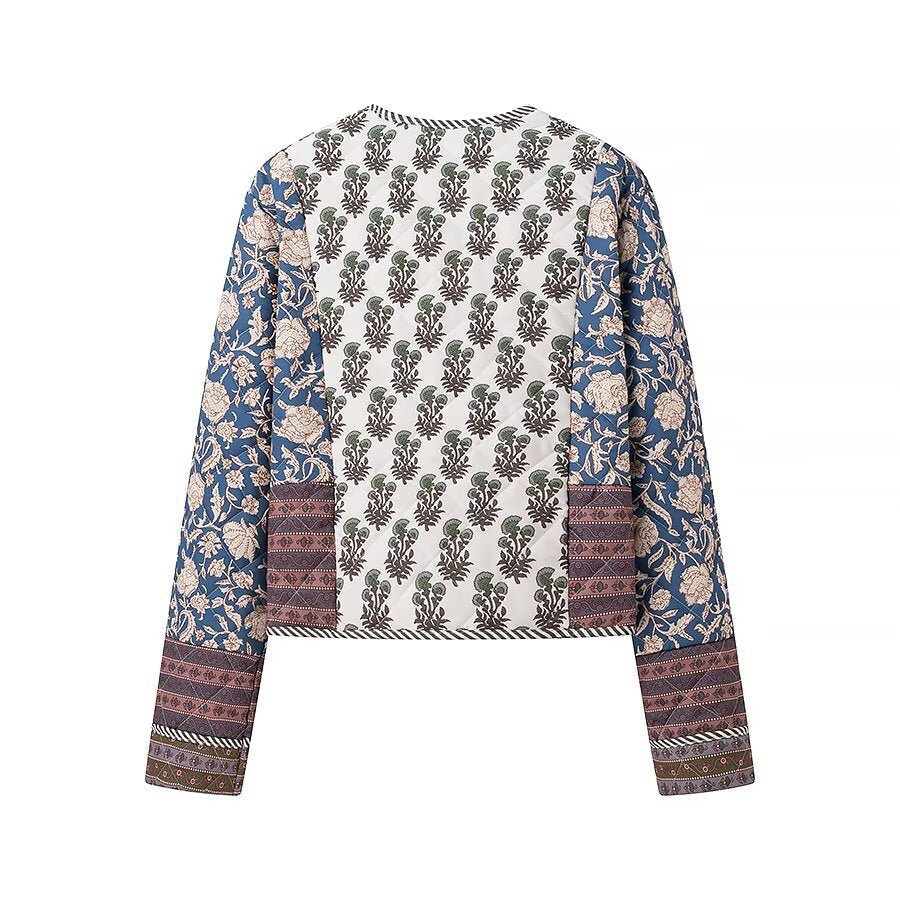 Women Quilted Short Jacket in Boho Patchwork Style with Open Front