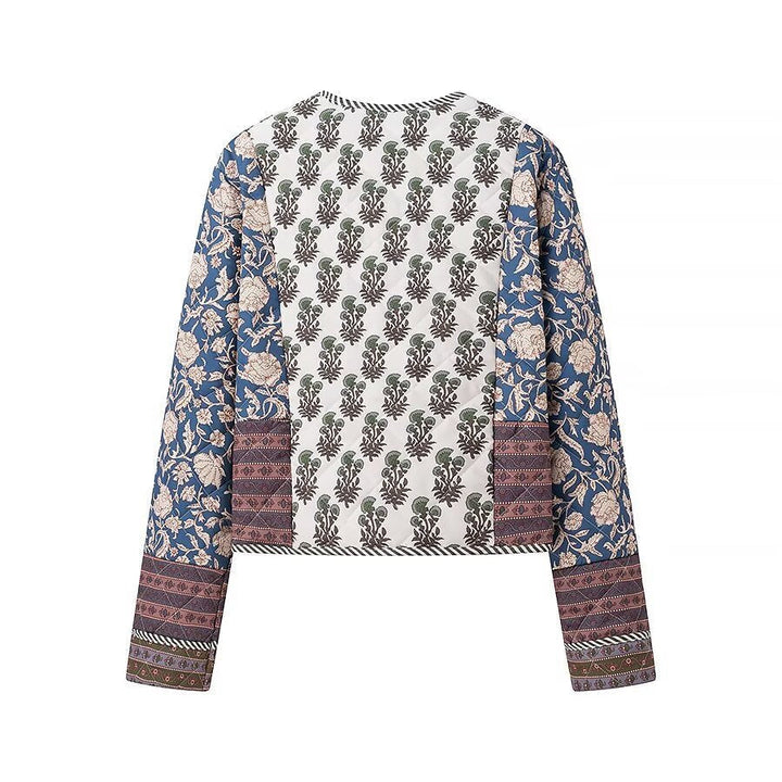 Women Quilted Short Jacket in Boho Patchwork Style with Open Front