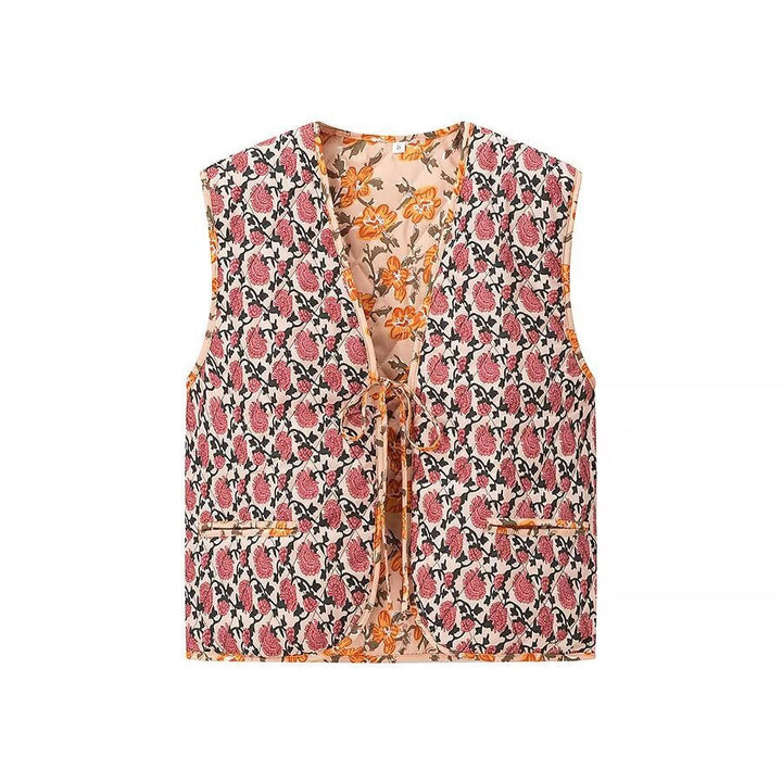 Women Padded Quilted Vest with Floral Allover Look and Tie Band