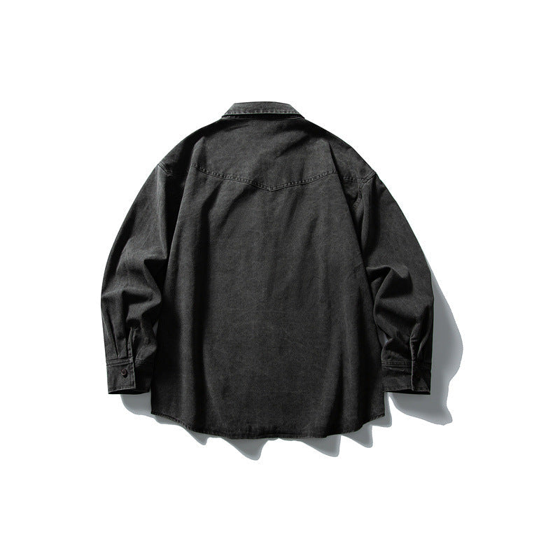 Unisex Oversize Cotton Denim Shirt Jacket with Patch Chest Pockets and Curved Hem