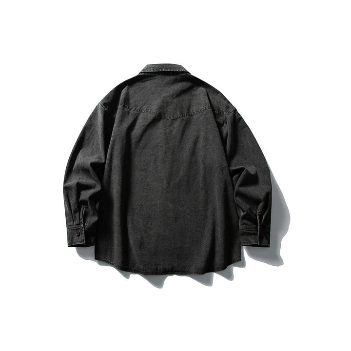 Unisex Oversize Cotton Denim Shirt Jacket with Patch Chest Pockets and Curved Hem