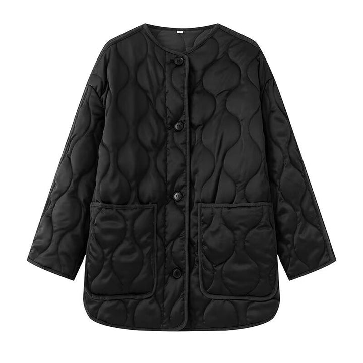 Women Longline Quilted Jacket with Round Neck, Button Placket and Patch Pockets