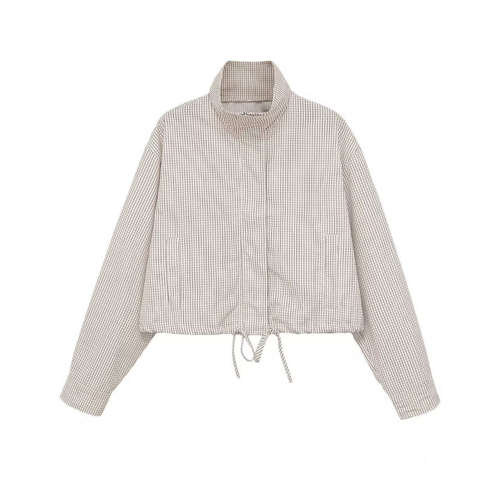 Women Cropped Checked Transitional Jacket with High Collar and Drawstring