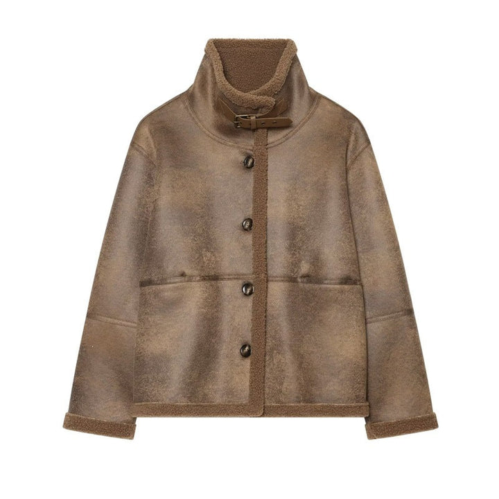 Ladies short jacket in lambskin look with stand-up collar, button and buckle closure