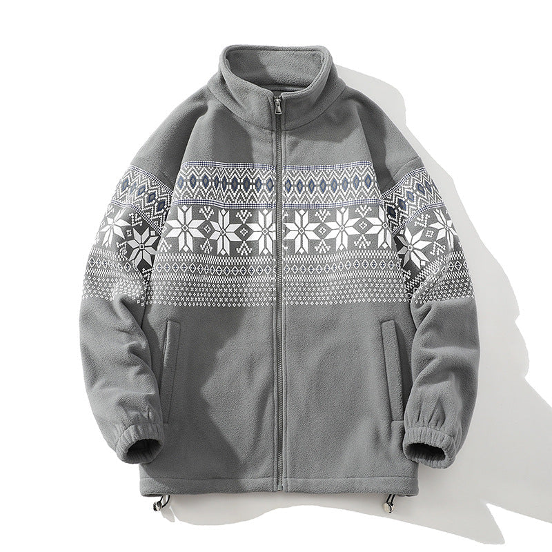 Unisex Norwegian pattern fleece jacket with stand-up collar, all-round zip and drawstring