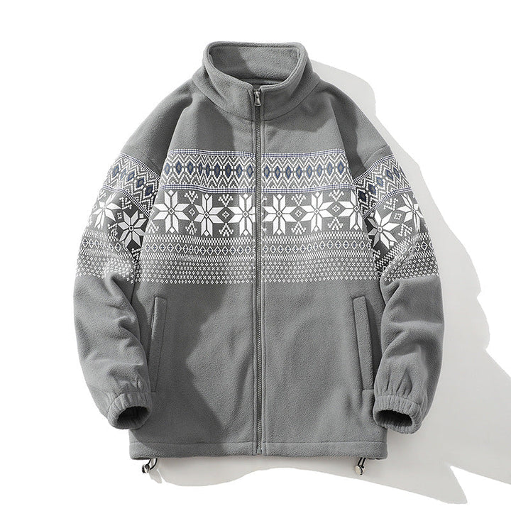 Unisex Norwegian pattern fleece jacket with stand-up collar, all-round zip and drawstring