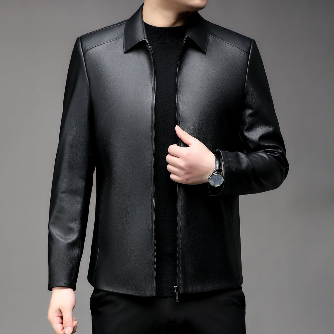 Men Smooth Faux leather Zip Jacket with Shirt Collar and Slim Silhouette