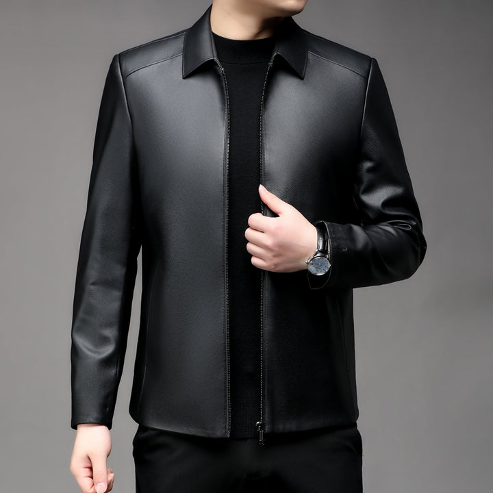 Men Smooth Faux leather Zip Jacket with Shirt Collar and Slim Silhouette