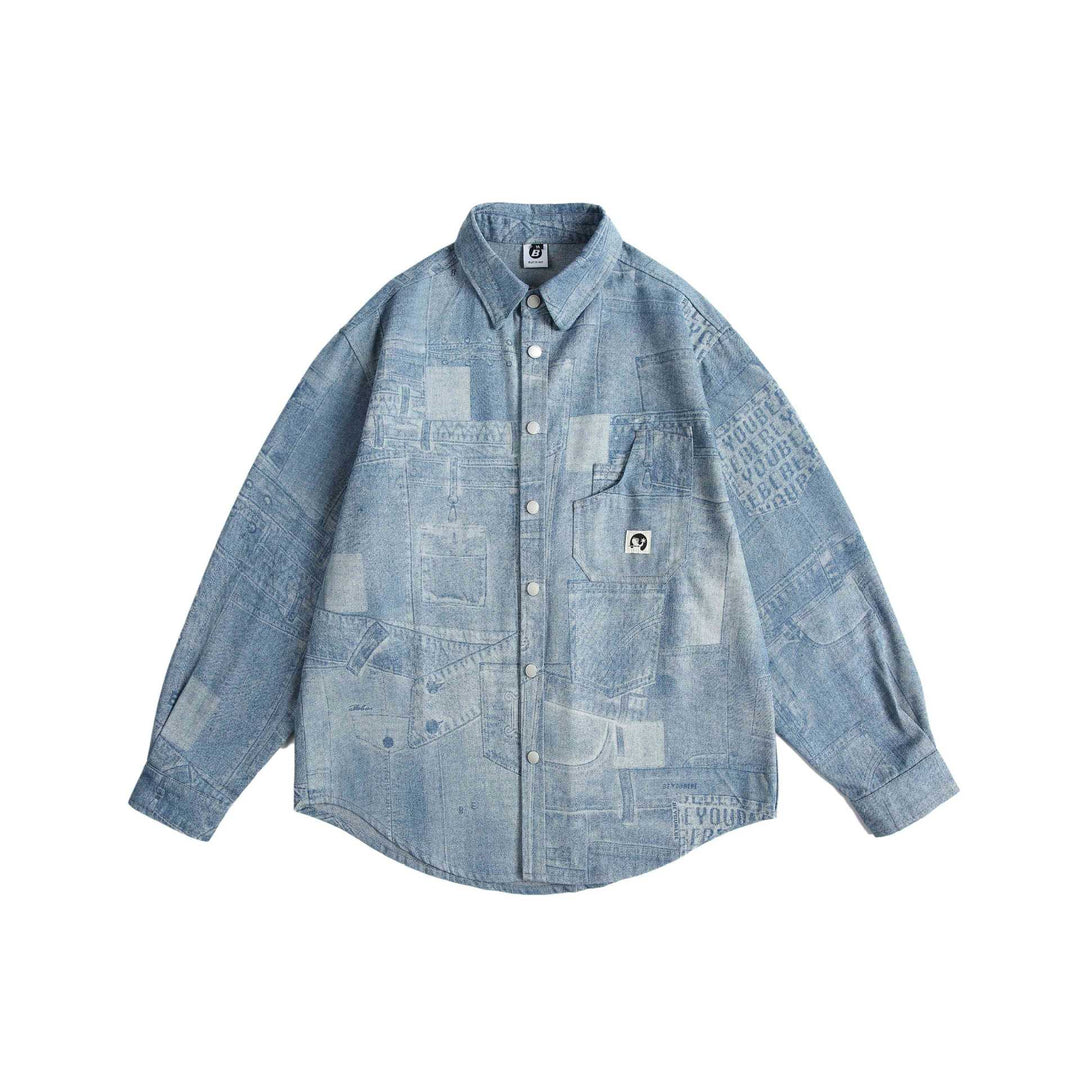 Unisex Oversized-Denim-Shirt Jacket with Patchwork Print and Snap Button Placket