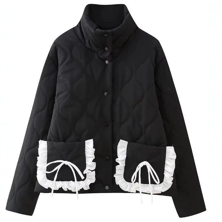 Women’s quilted jacket with stand-up collar and contrasting ruffled pockets