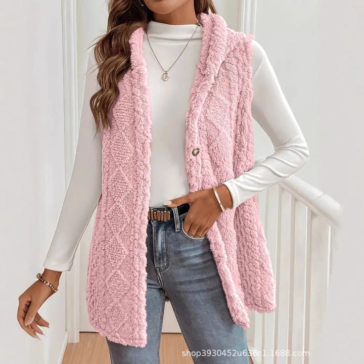 Women Fleece Lined Teddy Vest with Hood and Button Closure