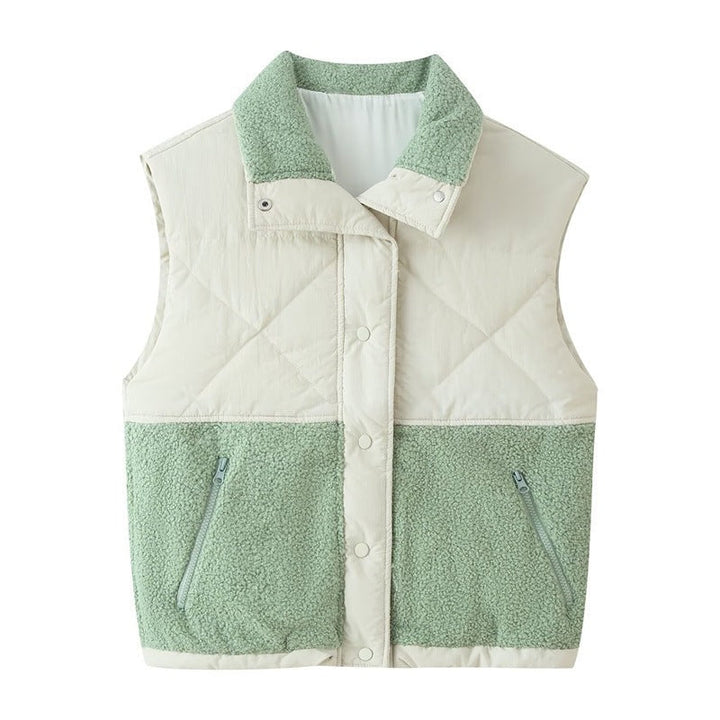 Ladies quilted vest with teddy fleece insert, stand-up collar and zip pockets