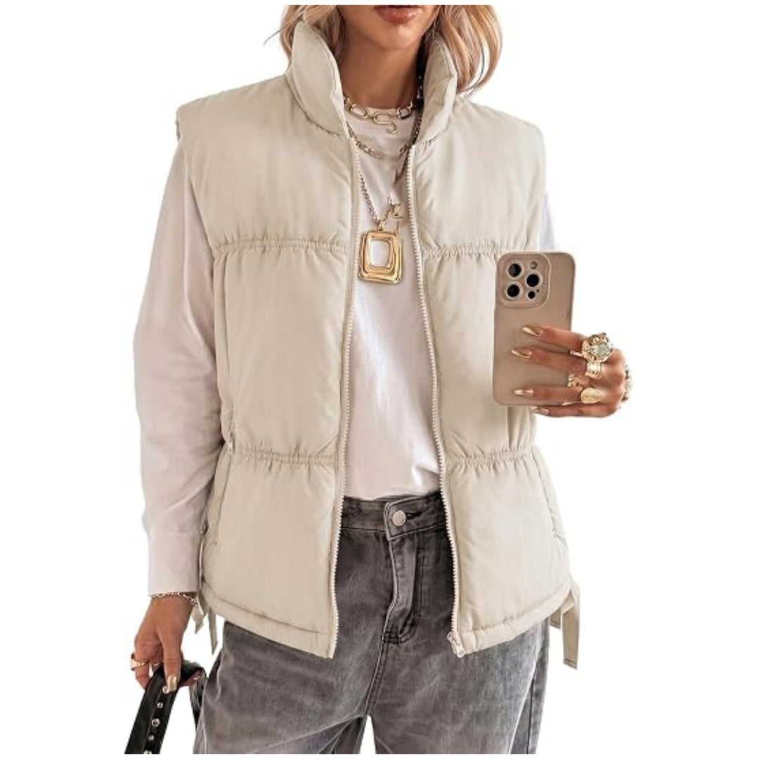Women’s Padded Sleeveless Vest with Stand-Up Collar and Drawstring