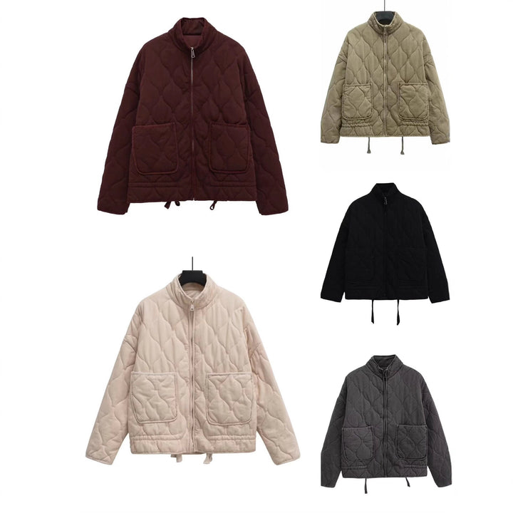 Women’s quilted jacket with stand-up collar, cushion quilting and drawstring