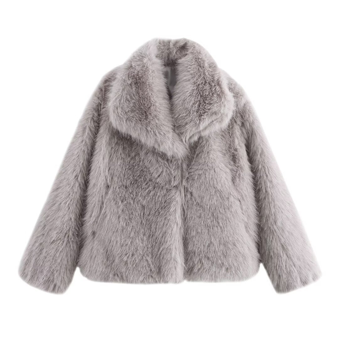 Women short cut boxy faux fur coat with shawl collar