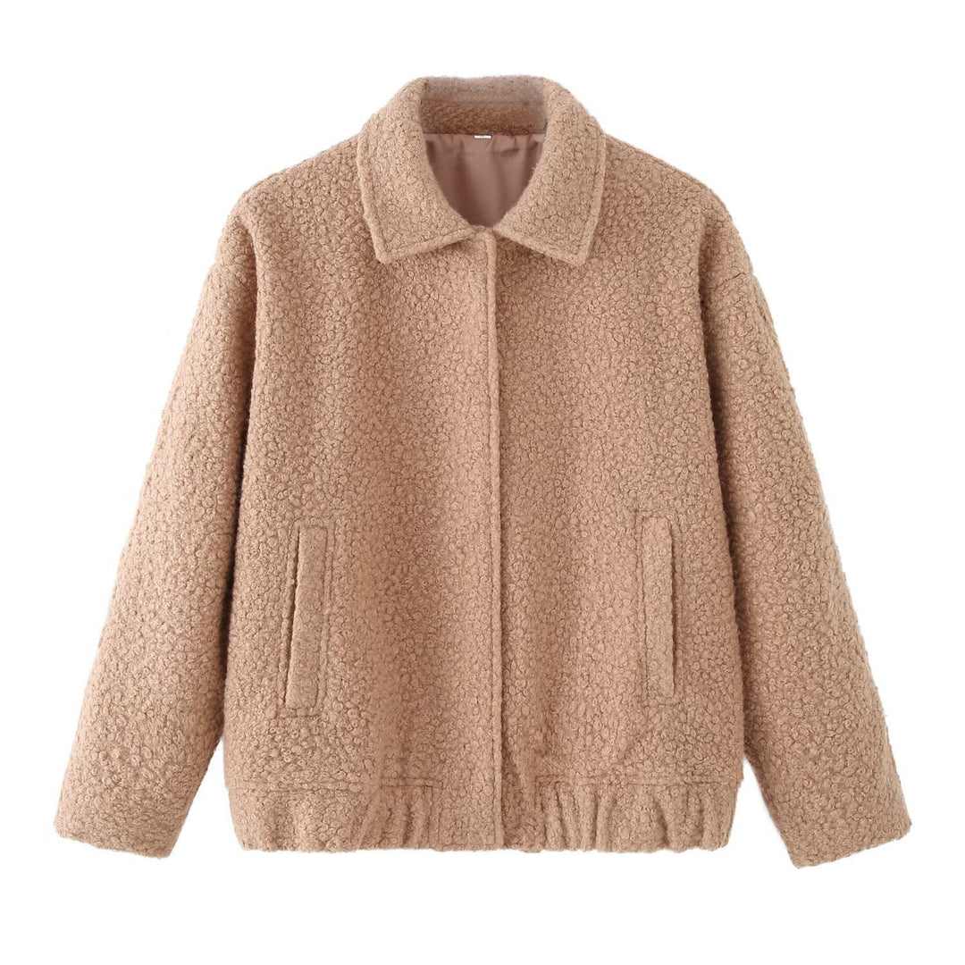 Ladies Teddy Boxy Jacket with Shirt Collar, Insert Pockets and Elastic Hem