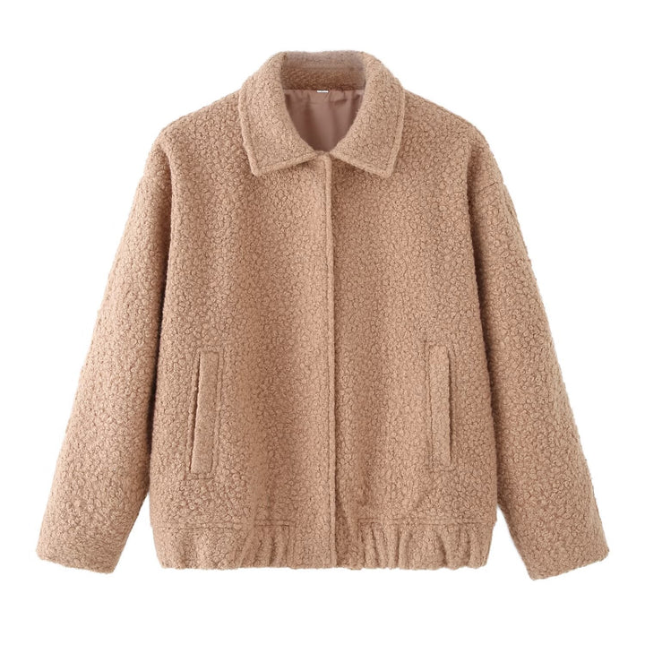Ladies Teddy Boxy Jacket with Shirt Collar, Insert Pockets and Elastic Hem