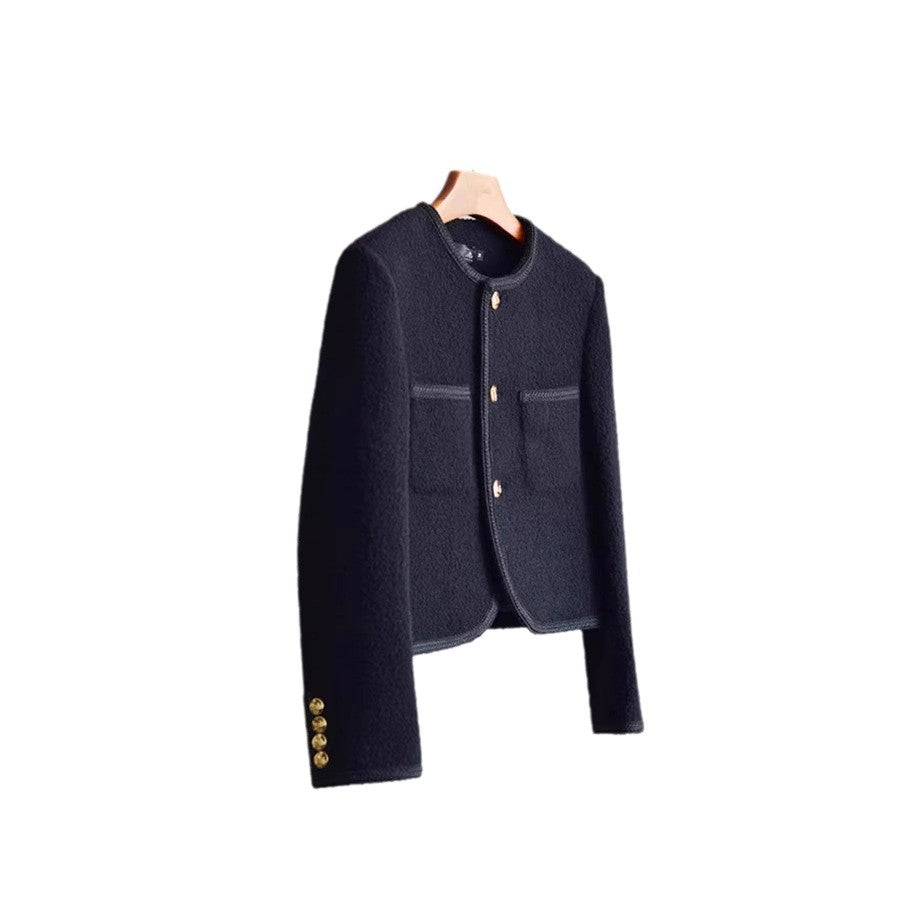 Women Fashionable Bouclé Jacket with Golden Buttons