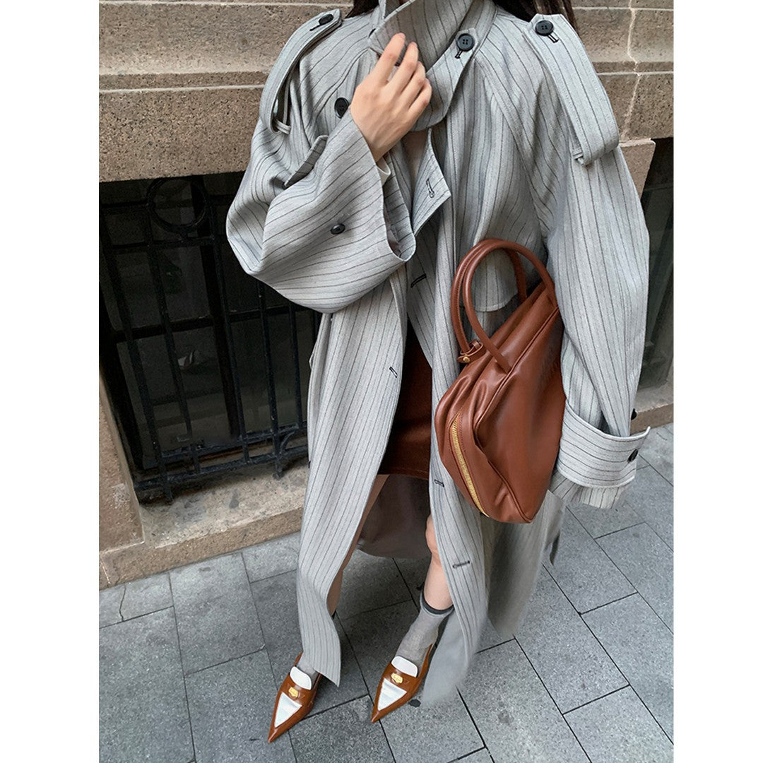 Women’s Long Pinstripe Trench Coat with Tie Belt Shoulder Straps and Flared Hem