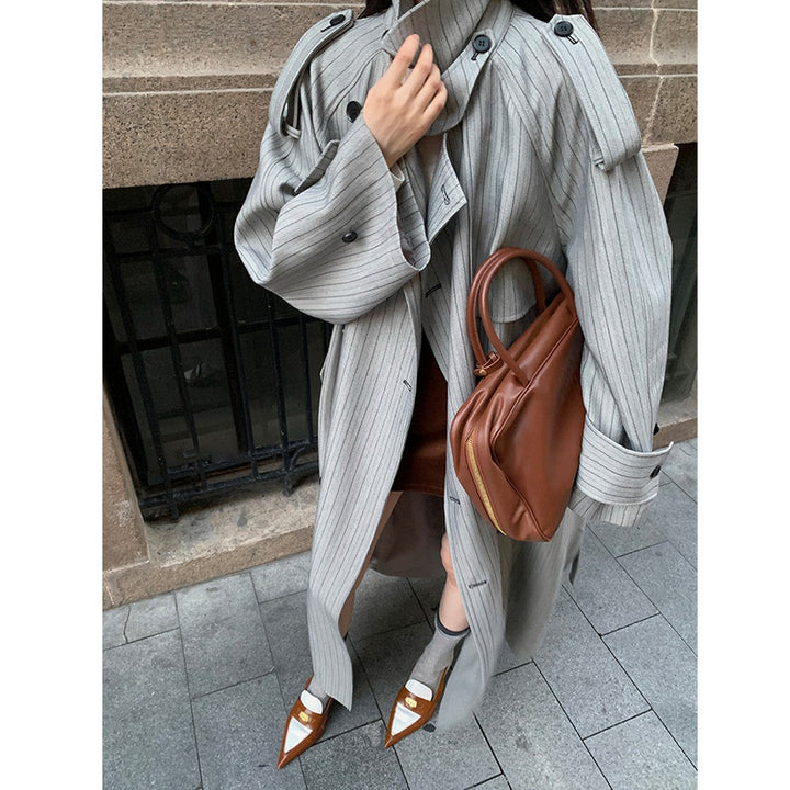 Women’s Long Pinstripe Trench Coat with Tie Belt Shoulder Straps and Flared Hem