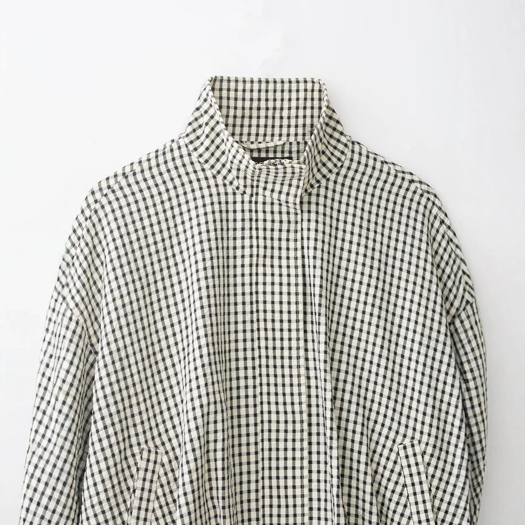 Ladies 50+ Cropped Blouson Jacket in Boxy Cut with Stand Collar and Fine Check Pattern