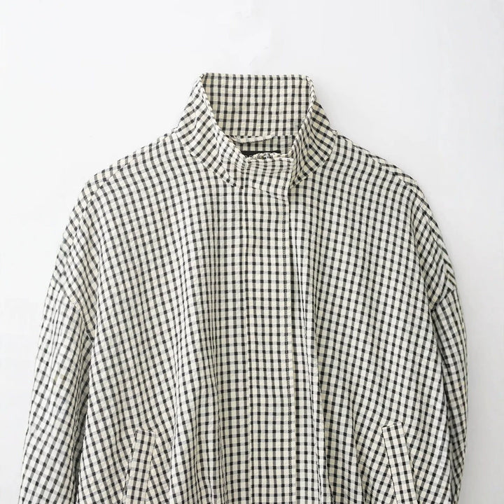 Ladies 50+ Cropped Blouson Jacket in Boxy Cut with Stand Collar and Fine Check Pattern