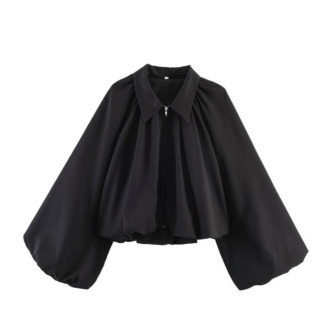 Women’s short jacket with oversized balloon sleeves and zip
