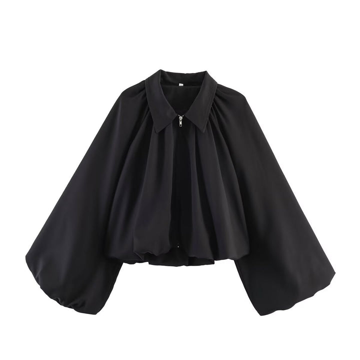 Women’s short jacket with oversized balloon sleeves and zip