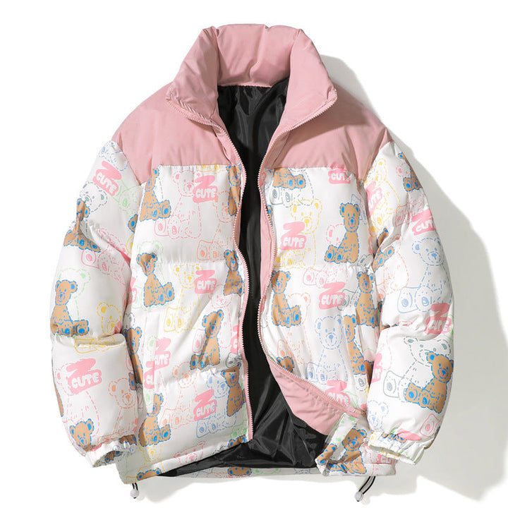 Unisex Quilted Teddy-Print Puffer Jacket with High Collar