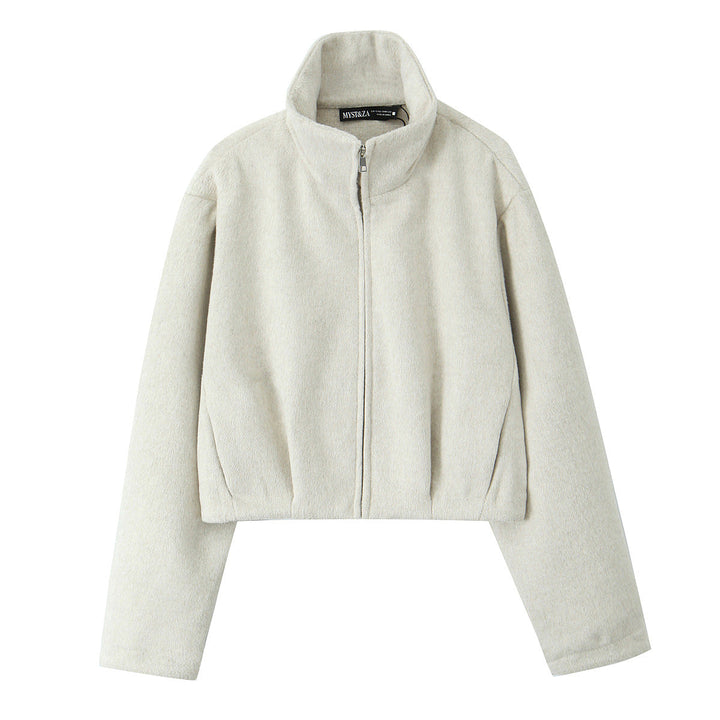 Women Boxy Fleece Jacket with Stand-up Collar and Concealed Zip