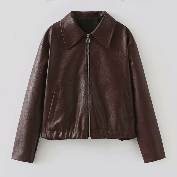 Women Short Oversized Leather Look Jacket with Zip, Hem Band and Kent Collar