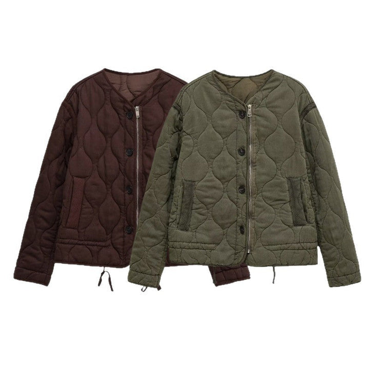 Women quilted transition jacket with zip and button placket, round neck and drawstring