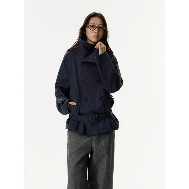 Women Short Jacket in Trench Style with Double-Breasted Button Placket, Waist Belt, and Stand-Up Collar