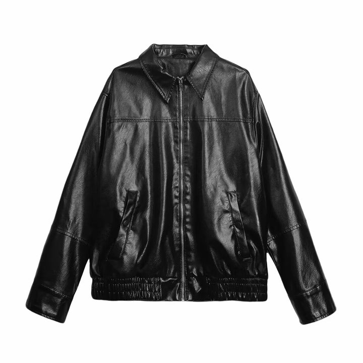 Women Boxy Faux Leather Blouson Jacket with Shirt Collar, Zip and Elastic Hem