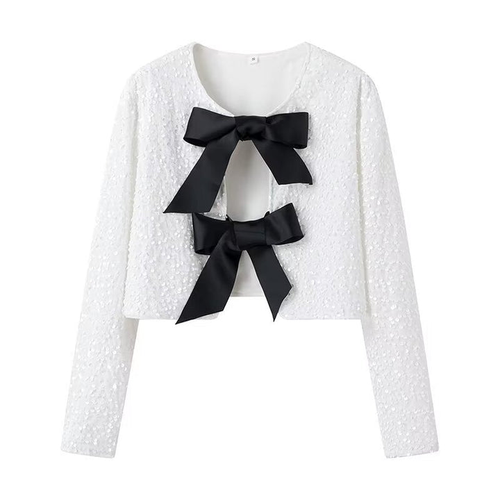 Ladies Short Sequin Jacket with Decorative Bows, Round Neckline and Long Sleeves