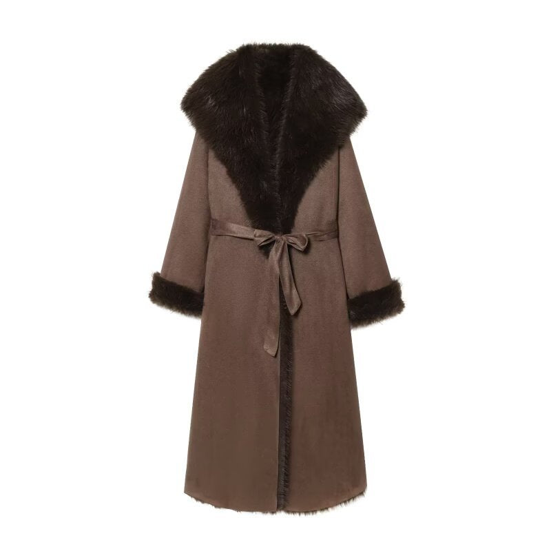 Women longer coat with faux fur trim and tie belt