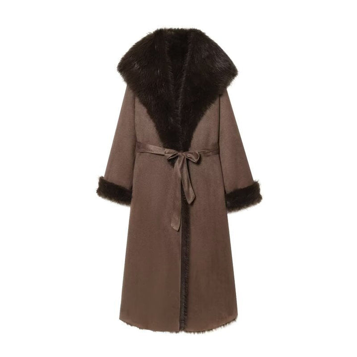 Women longer coat with faux fur trim and tie belt