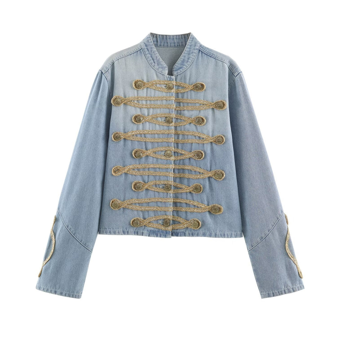 Ladies short-cut denim jacket in military style with decorative cord appliqués