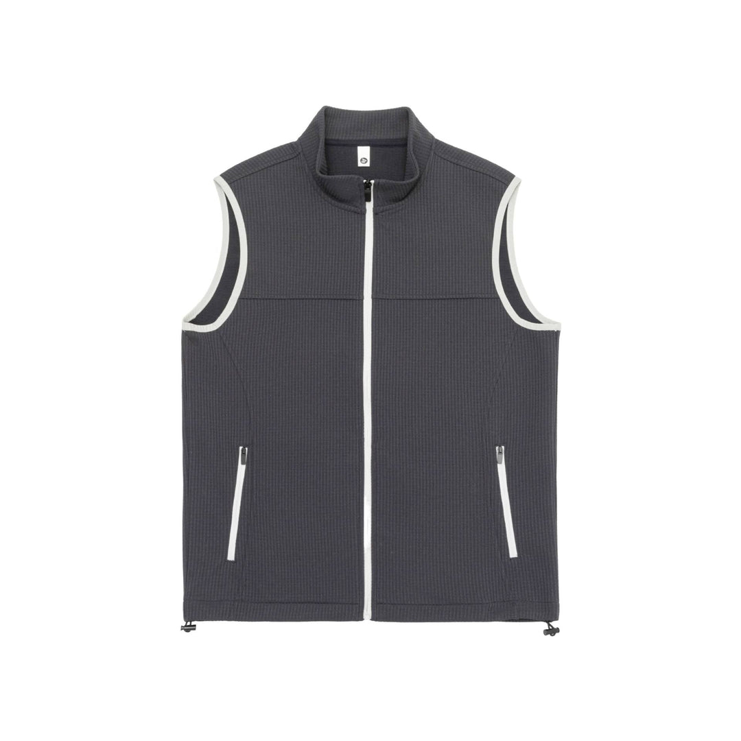 Unisex waffle-structured outdoor vest with stand-up collar, full-length zip, and drawstring hem