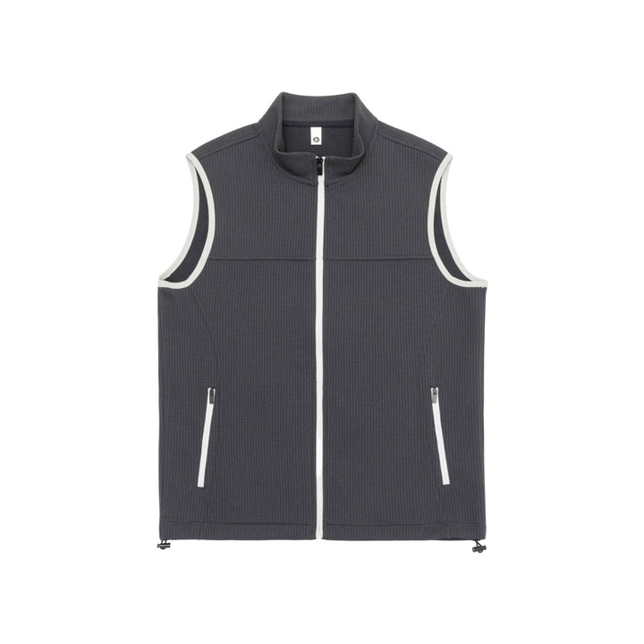 Unisex waffle-structured outdoor vest with stand-up collar, full-length zip, and drawstring hem