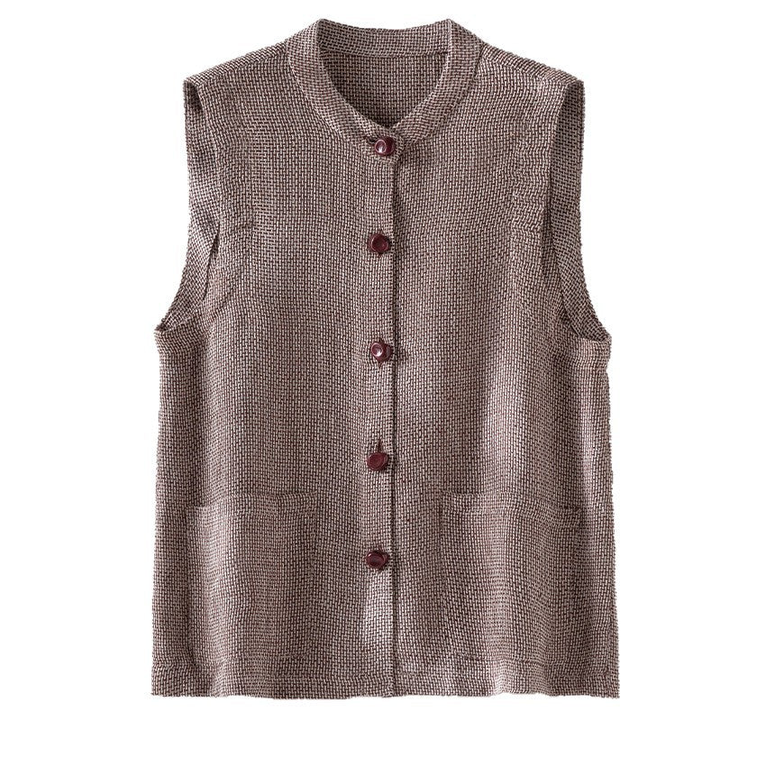 Women Sleeveless Textured Knit Vest with Round Neckline, Button Placket and Patch Pockets