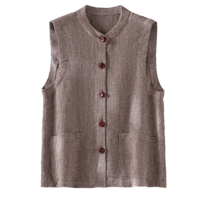 Women Sleeveless Textured Knit Vest with Round Neckline, Button Placket and Patch Pockets
