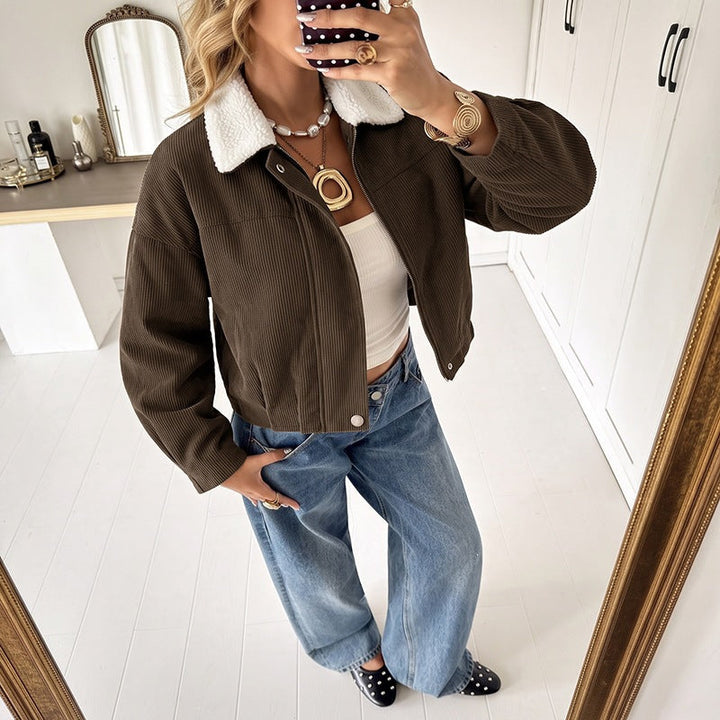 Women Short Cut Cord Jacket with Teddy Lining and Sheep Collar