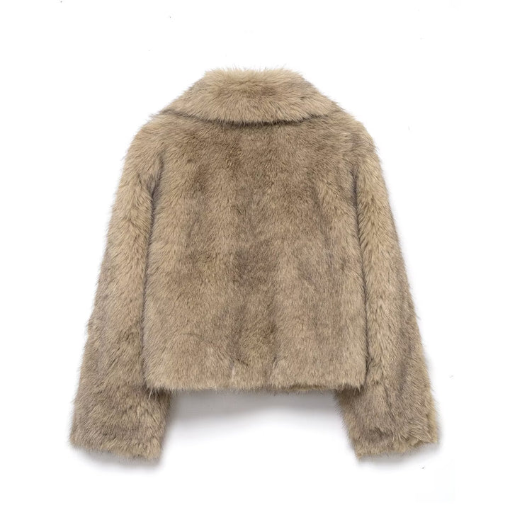 Women Short Cut Faux Fur Coat with Wide Lapel Collar