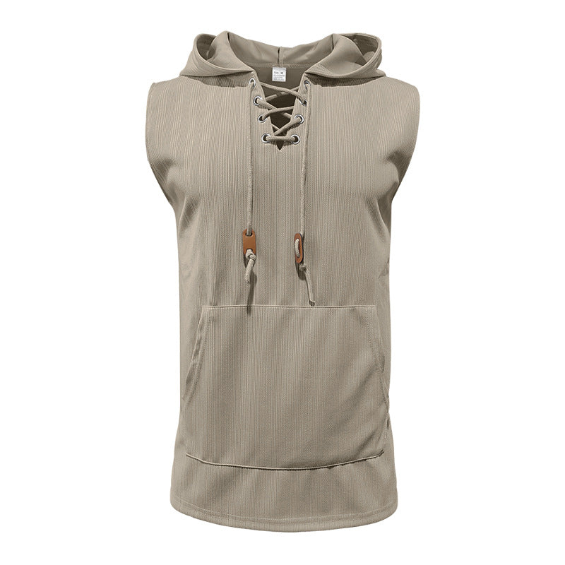 Men sleeveless hoodie sweatshirt with laced collar and kangaroo pocket